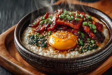 Hot rice porridge topped with raw egg yolk, crispy bacon, green onions, sesame seeds, and herb sauce. A rustic, flavorful dish with rich textures and steam.