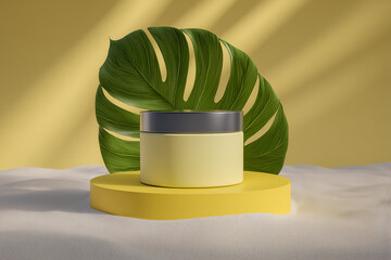 Minimal product display with yellow container, monstera leaf, and soft shadows. Clean, tropical aesthetic ideal for skincare or wellness branding.