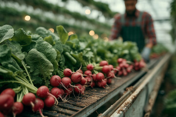 Red radishes with leafy tops and soil on roots laid on conveyor inside greenhouse, highlighting sustainable farming and fresh produce.