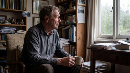 An older man sits in his armchair by the window, holding a mug. He looks pensively out at the rainy day in his cozy, book-filled study.