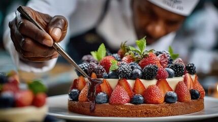 Chef decorating cake with fruit topping, food artistry and precision captured.