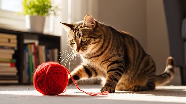 Tabby Cat Playing with Red Yarn Ball in Sunlight
