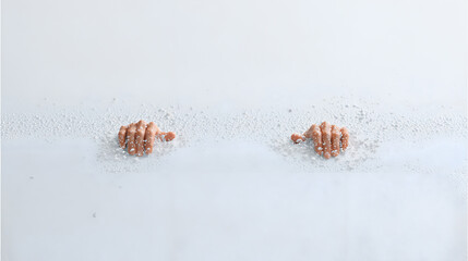 Two human hands partially submerged in white foamy water, surrounded by bubbles, creating a minimalist and tactile composition with soft textures.