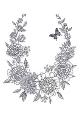 Peonies and and butterfly. Floral garland. Flower border. Vintage graphic card. Vector.