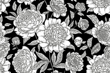 Baroque peonies. Dark Seamless pattern. Black and white floral background.