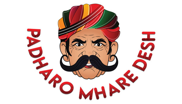 Rajasthan Padhaaro Mhare Desh Vector Illustration, Rajasthani Man Face Logo, Rajasthan Folk Culture Typography Design