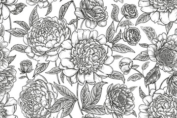 Seamless floral background. Flower Black and white pattern. Baroque peonies. Vector.