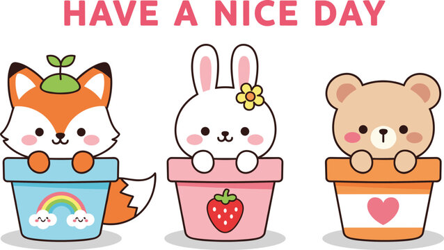 Have a Nice Day Cute Animal Characters in Flower Pots Vector Illustration with Fox Bunny and Bear for Kids Designs