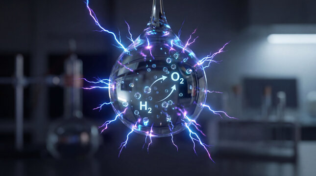 In a laboratory setting, a transparent water droplet demonstrates hydrogen production. Electric arcs crackle around it, while inside, H2 and O2 molecules are visible.