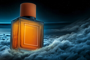 A glowing amber perfume bottle with ribbed orange cap floats among clouds under a starry sky, evoking luxury and mystique.