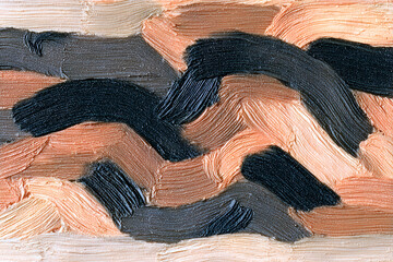 Thick brushstrokes in beige, peach, brown, and gray form a wavy, interlocking pattern with rich texture and movement.