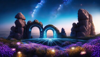 A Surreal Alien Landscape With Glowing Rock Arches And Luminescent Flowers