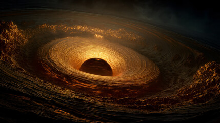A dramatic artistic rendering of a black hole surrounded by a glowing accretion disk of orange and gold gas. 