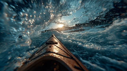 A dramatic first-person view from the bow of an orange kayak slicing through turbulent ocean waves. 