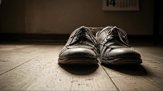 Mans shoes remaining on a dusty wooden floor, depicting loneliness and fading memories of an absent partner