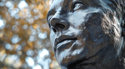 Close-up view of a bronze statue of a man's head.