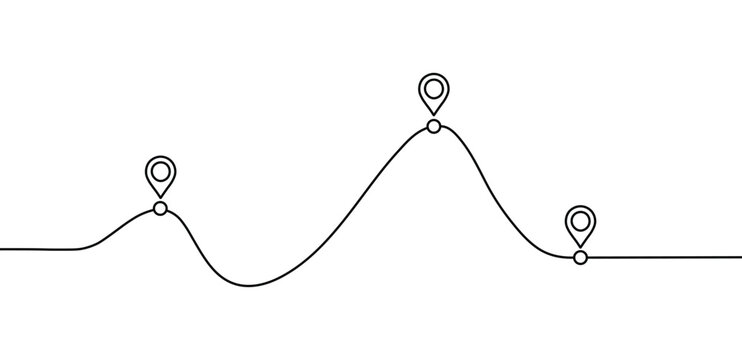 Black line art journey map with three location pins outlining progress route and key stops