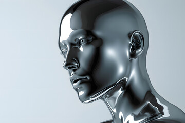 Gleaming Metallic Humanoid Head in Profile Against a Light Background