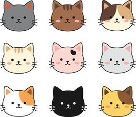 Obraz premium Cute Cartoon Cat Face Icons Vector Set with Different Colors and Expressions for Stickers, Emojis, and Kids Designs