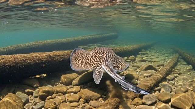 Small Stingray Swimming in Clear Freshwater Over Rocky Riverbed