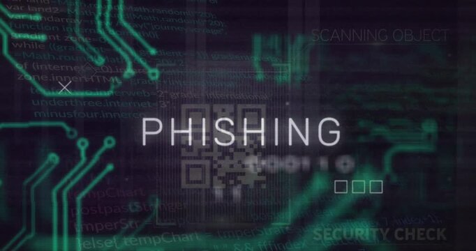 Animation of phishing text over motherboard and data processing