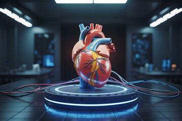 Futuristic Heart Model on a Glowing Platform in a High-Tech Lab