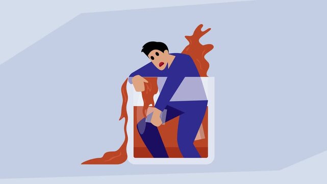 Drowning in Workload or Information: Man Overwhelmed by High Pressure and Consumption cartoon animation