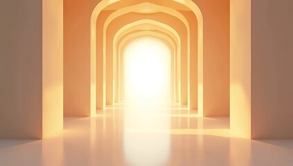 Fototapeta premium Abstract architectural corridor with soft flowing light patterns moving forward, symmetrical composition, warm neutral tones, sense of movement and openness, symbolic representation of energy flow, ha