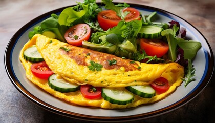 Brightly Colored Omelet Paired With A Vibrant Salad Featuring Cucumbers Tomatoes And Greens