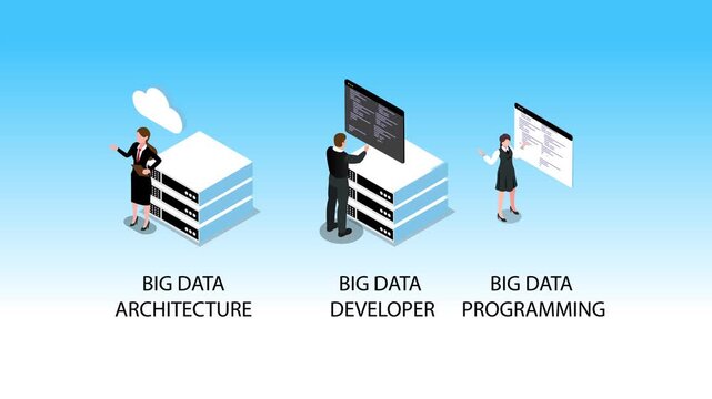 Big Data Concept with Architecture, Developer, and Programming Professional Roles 3d animation cartoon