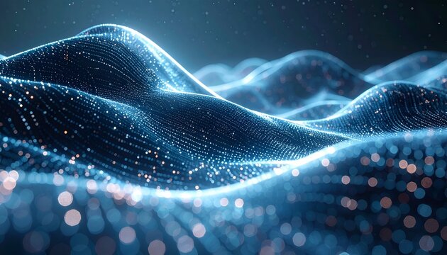 Abstract digital waves made of glowing particles in cool blue hues