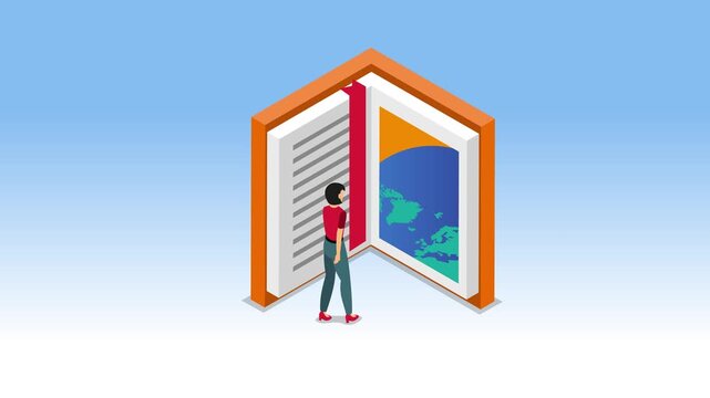 Woman Entering a Giant Book, Exploring Knowledge and the World 3d animation cartoon