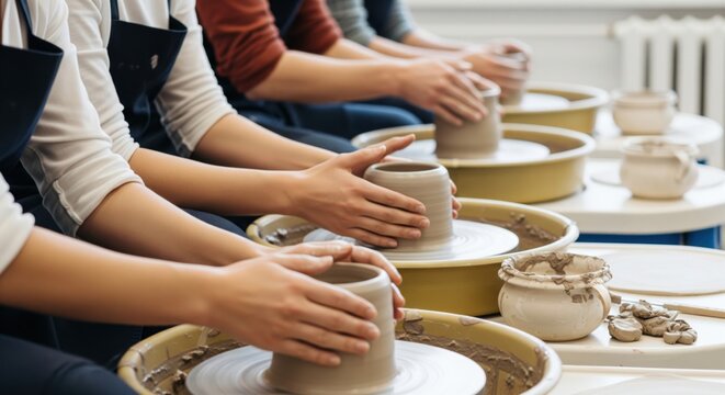 Group of students in aprons working on pottery wheels during a ceramic workshop class, side view of hands shaping clay.
