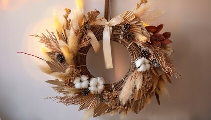 A Dried Floral Holiday Wreath In Warm Earthy Tones Hangs