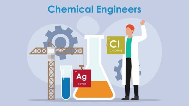 Chemical Engineer with Industrial Laboratory Equipment and Periodic Elements cartoon animation