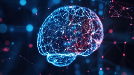 Glowing holographic human brain with visible neural connections and synaptic pathways, floating luminous structure, futuristic scientific visualization of brain activity and bipolar spectrum research