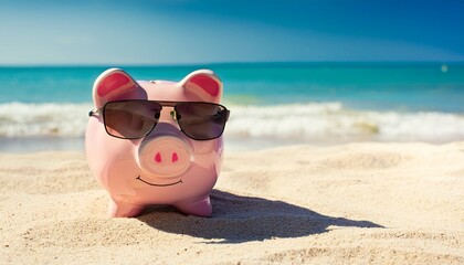 Piggy Bank Relaxing On Beach Saving For Dream Vacation