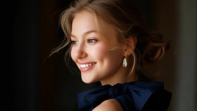 Young caucasian female with elegant updo and blue dress