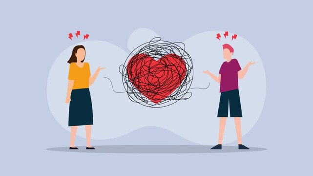 Relationship Conflict and Complicated Love Concept with Couple and Tangled Heart cartoon animation