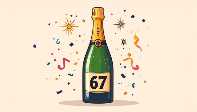 Cartoon champagne bottle with number 67 on the label. Simple illustration for birthday or anniversary party