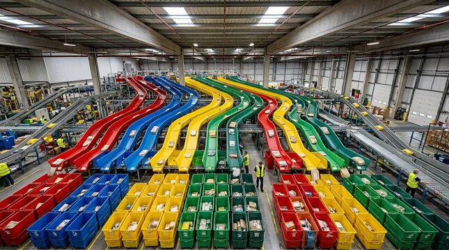 Automated warehouse sorting system slides packages into colorful bins, logistical flow warehouse, automation.