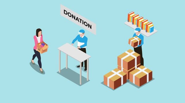 People Donating Clothes and Books at a Charity Donation Center 3d animation cartoon
