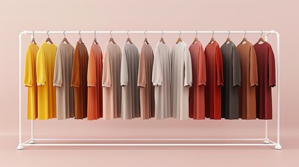 Minimalist white metal clothing rack displaying vibrant women s garments on wooden hangers