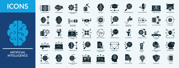 Artificial intelligence - Icon Collection. Thin Glyph Solid Set contains such Icons as neural network, pattern recognition, speech recognition, and more. Simple web icons set