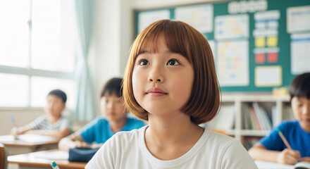 Thoughtful young Asian girl in a classroom, looking up with a gentle expression, surrounded by classmates, learning and contemplation