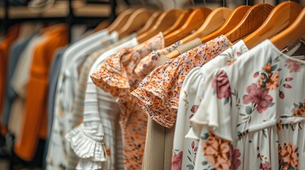 Elegant display of women s fashion  floral dresses, ruffled blouses, and stylish jackets in boutique