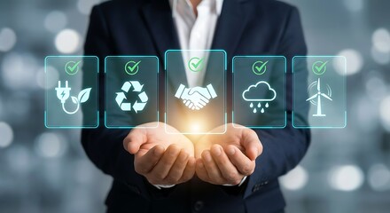 Businessman presenting sustainable development icons representing eco friendly practices and renewable energy solutions for a greener future always.