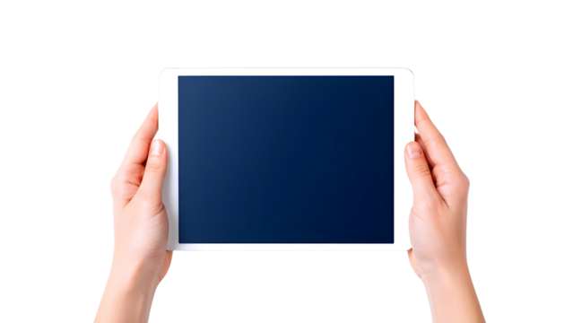 Hands holding tablet device isolated on transparent background - Powered by Adobe