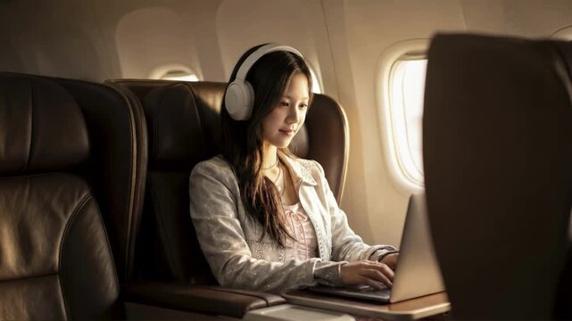 Businesswoman working on laptop during flight