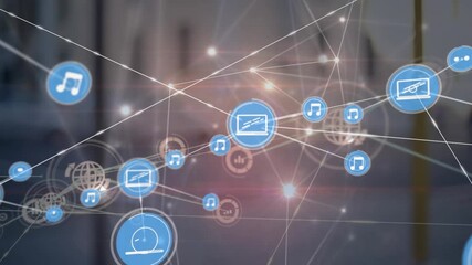 Animation of cityscape over network of connections - Powered by Adobe